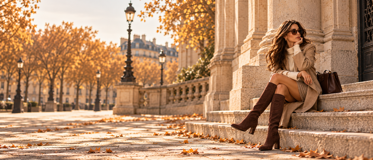 Woman wearing dark brown knee-high boots on Parisian stone steps in autumn