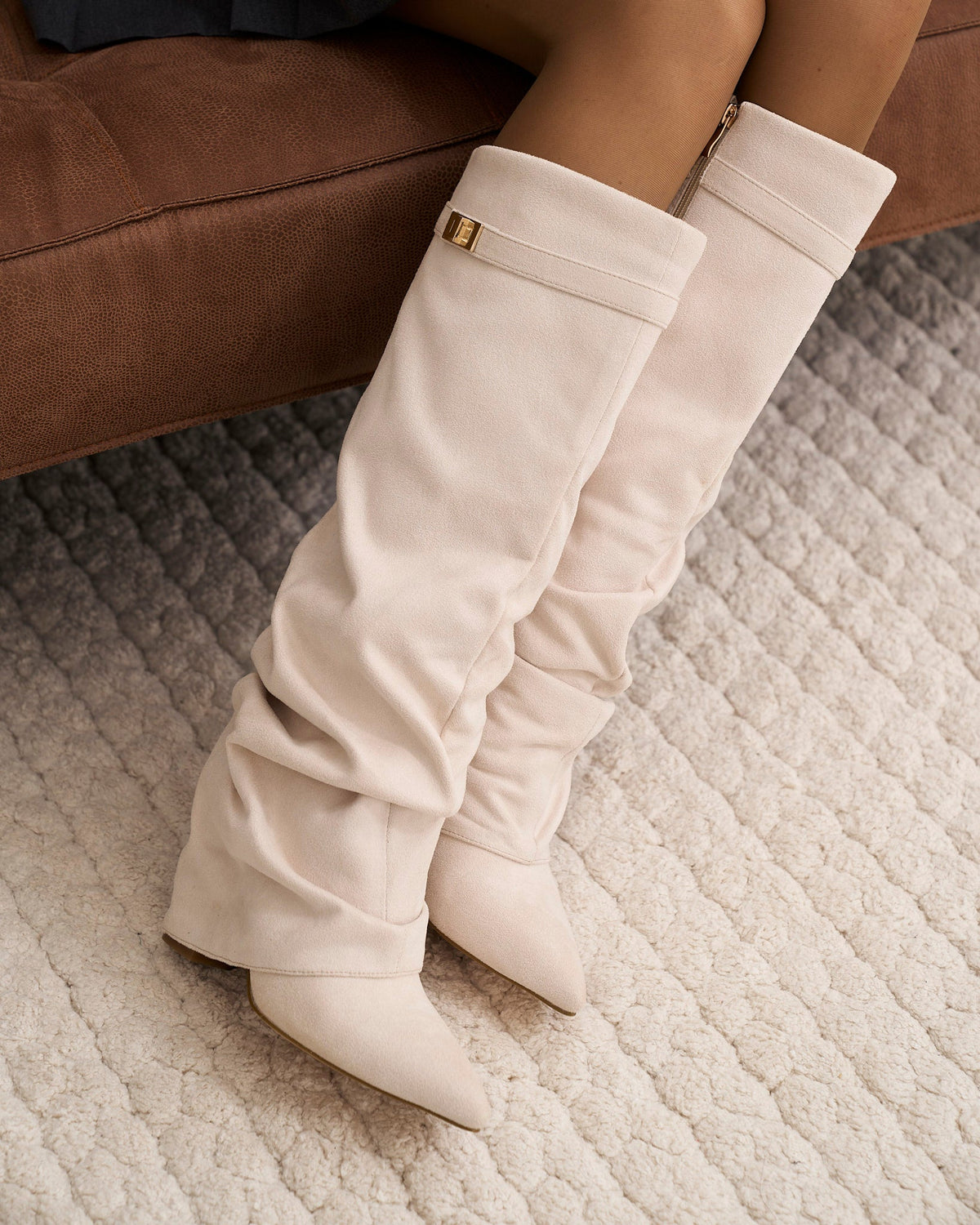Celeste Slouchy Suede Knee-High Boots - Cream