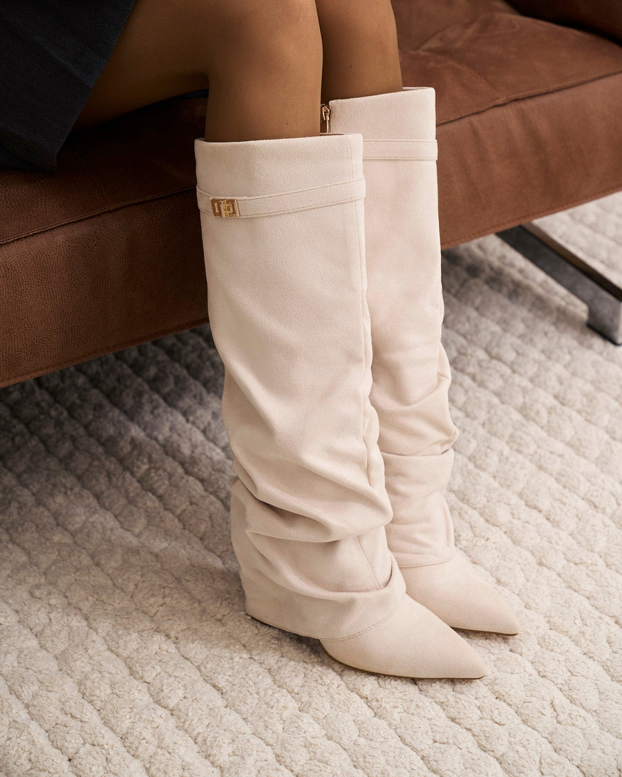 Celeste Slouchy Suede Knee-High Boots - Cream