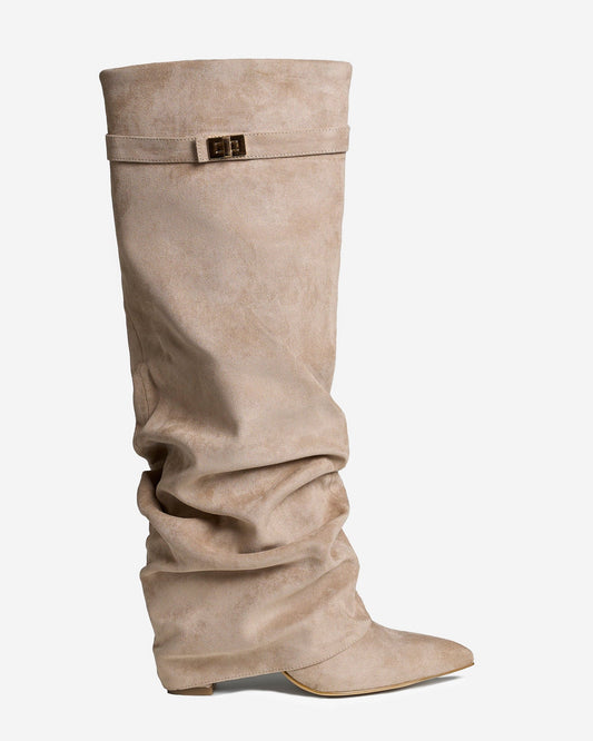 Celeste Slouchy Suede Knee-High Boots - Beige