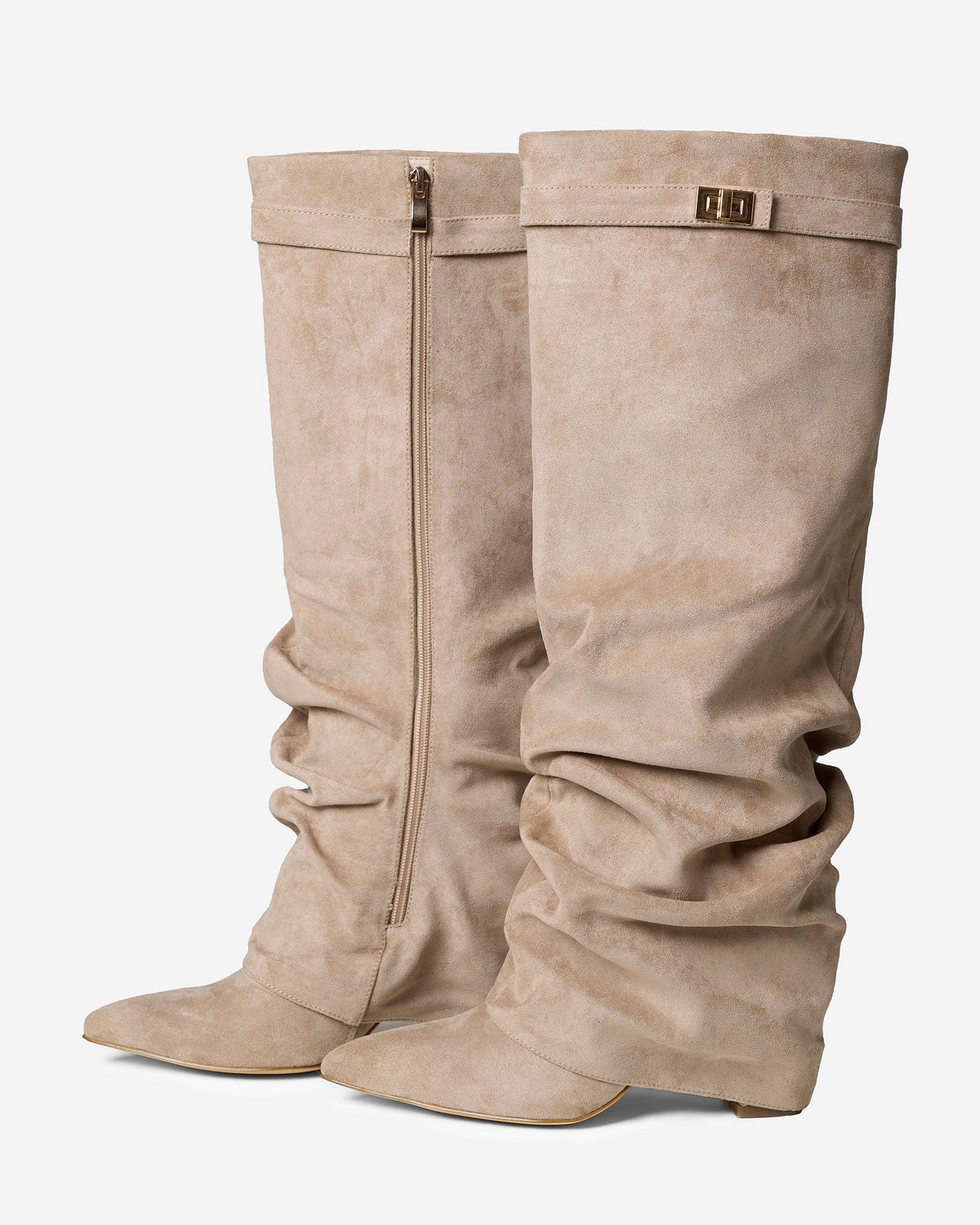 Celeste Slouchy Suede Knee-High Boots - Beige