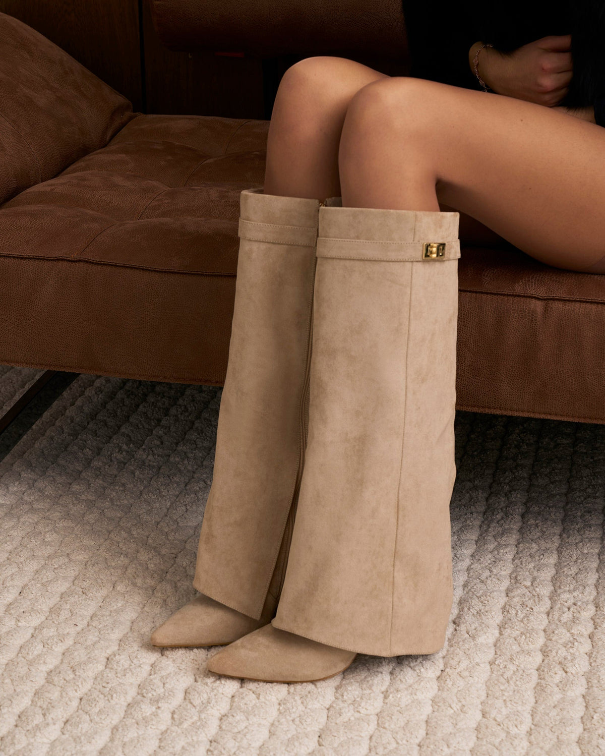 Siena Suede Knee-High Boots - Beige